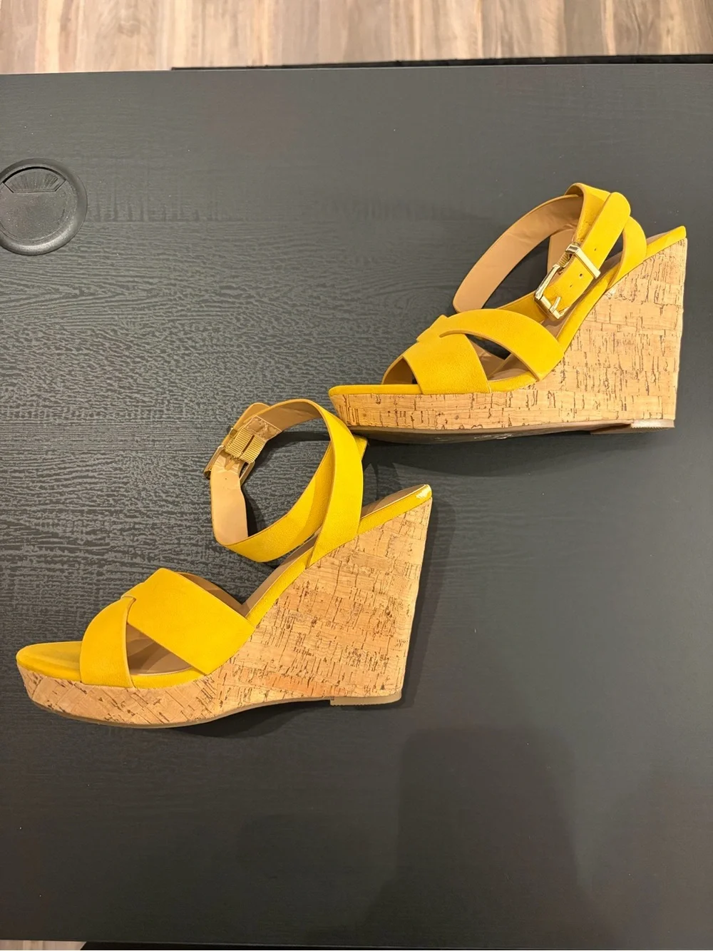 H&M Yellow Cork Wedge Sandals with Ankle Buckle